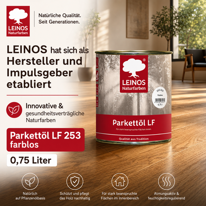 LEINOS Parkettöl LF 253 farblos 0,75 L – Lösemittelfreies Naturöl für Holzfußböden, offenporig & atmungsaktiv, schützt Parkett, Dielen & Massivholz im Innenbereich, betont die natürliche Maserung