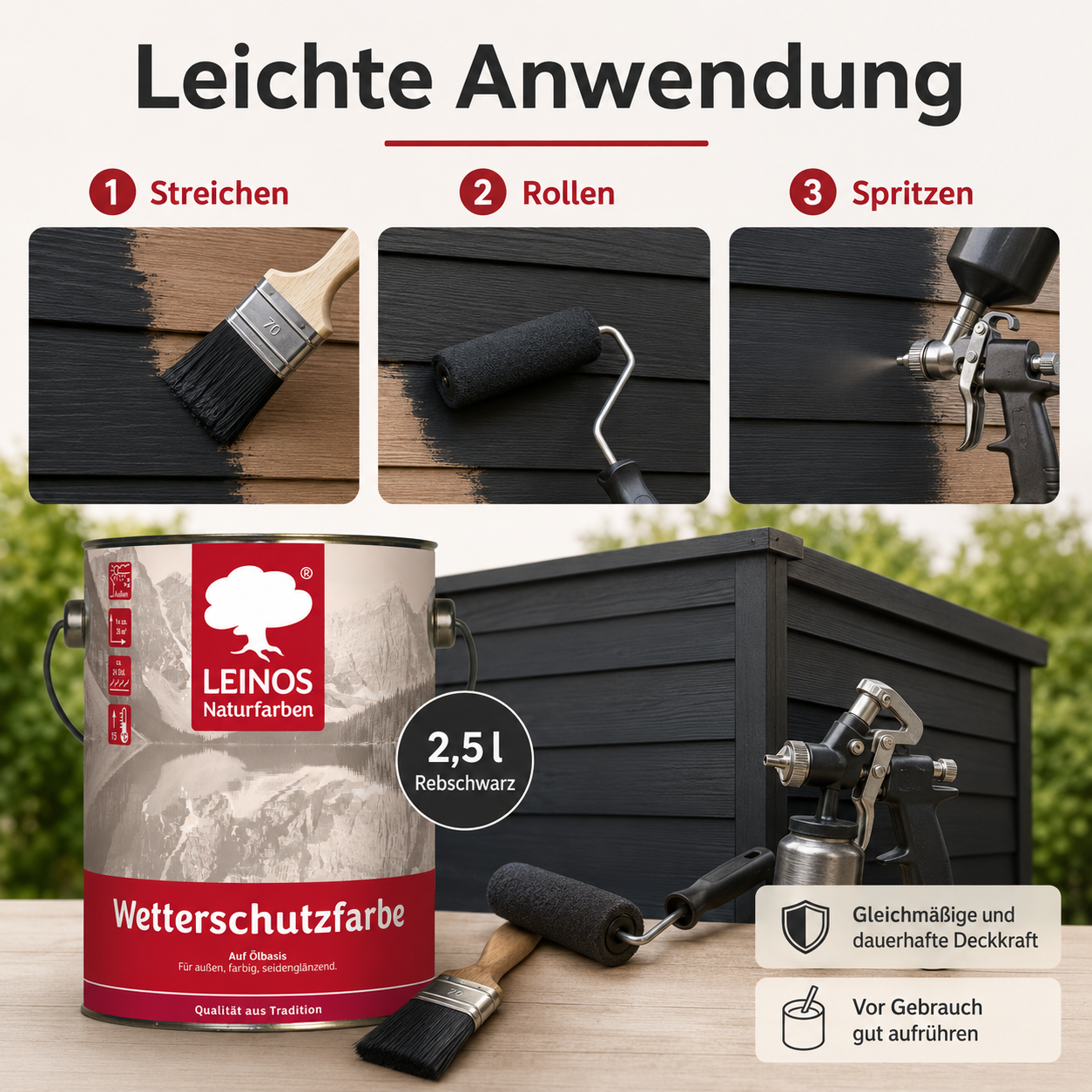 LEINOS Wetterschutzfarbe 2,5 l | Rebschwarz Holzlasur für Holzfassaden Fenster Gartenhäuser| wetterbeständige Deckfarbe für effektive Versiegelung und langanhaltenden Schutz auf Ölbasis im Außenbereich