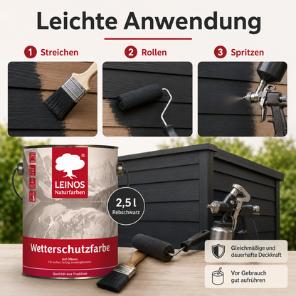 LEINOS Wetterschutzfarbe 2,5 l | Rebschwarz Holzlasur für Holzfassaden Fenster Gartenhäuser| wetterbeständige Deckfarbe für effektive Versiegelung und langanhaltenden Schutz auf Ölbasis im Außenbereich