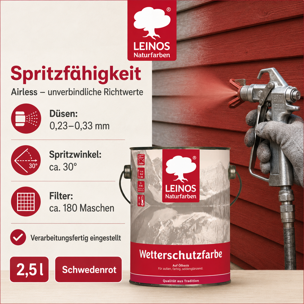 LEINOS Wetterschutzfarbe 2,5 l | Schwedenrot Holzlasur für Holzfassaden Fenster Gartenhäuser| wetterbeständige Deckfarbe für effektive Versiegelung und langanhaltenden Schutz auf Ölbasis im Außenbereich