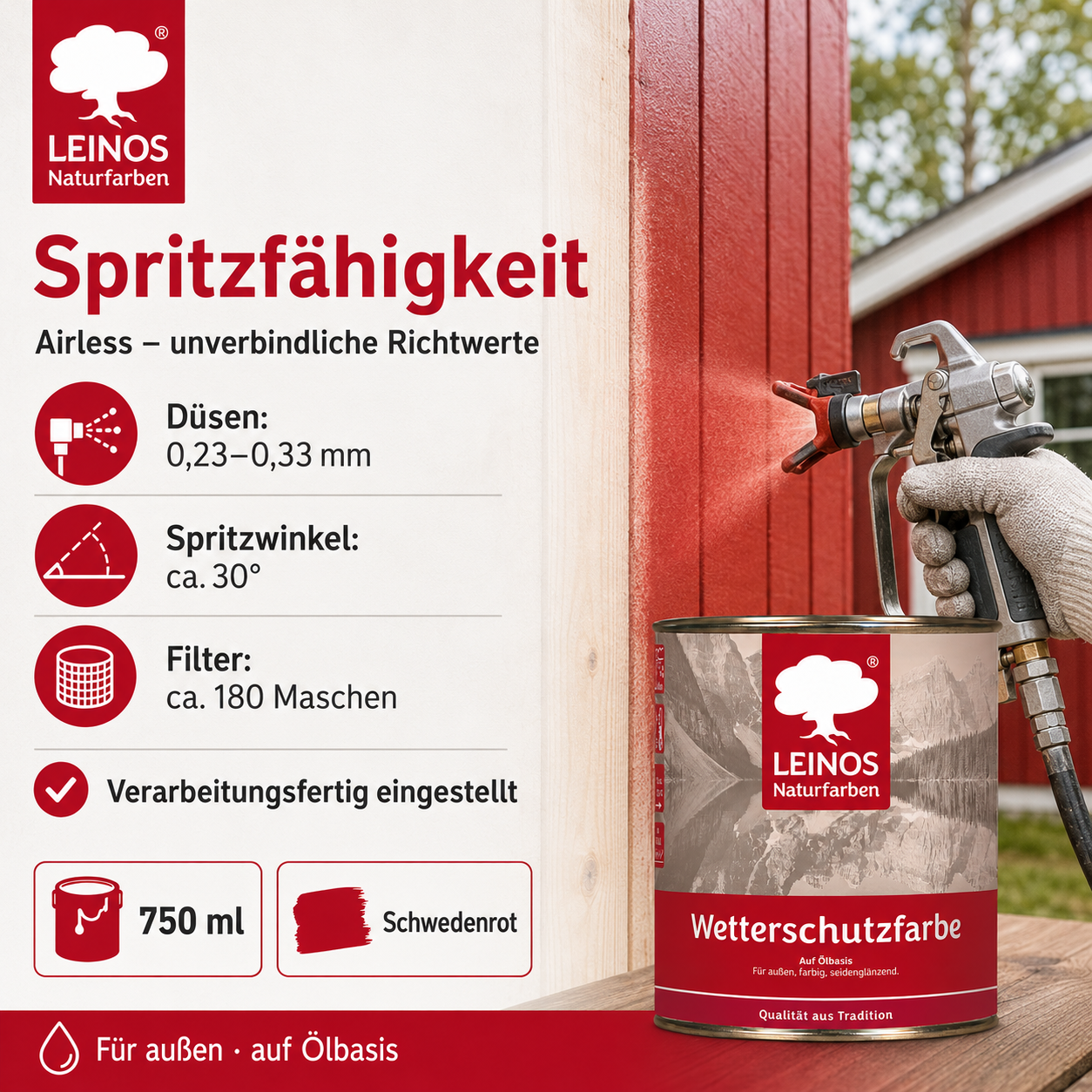 LEINOS Wetterschutzfarbe 750 ml | Schwedenrot Holzlasur für Holzfassaden Fenster Gartenhäuser| wetterbeständige Deckfarbe für effektive Versiegelung und langanhaltenden Schutz auf Ölbasis im Außenbereich