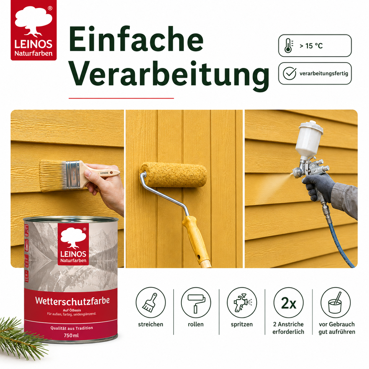 LEINOS Wetterschutzfarbe 750 ml | Maisgelb Holzlasur für Holzfassaden Fenster Gartenhäuser| wetterbeständige Deckfarbe für effektive Versiegelung und langanhaltenden Schutz auf Ölbasis im Außenbereich