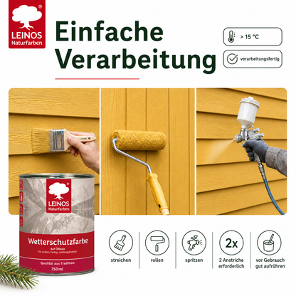LEINOS Wetterschutzfarbe 750 ml | Maisgelb Holzlasur für Holzfassaden Fenster Gartenhäuser| wetterbeständige Deckfarbe für effektive Versiegelung und langanhaltenden Schutz auf Ölbasis im Außenbereich