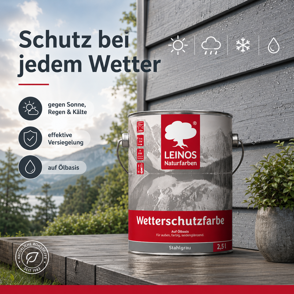 LEINOS Wetterschutzfarbe 2,5 l | Stahlgrau Holzlasur für Holzfassaden Fenster Gartenhäuser| wetterbeständige Deckfarbe für effektive Versiegelung und langanhaltenden Schutz auf Ölbasis im Außenbereich