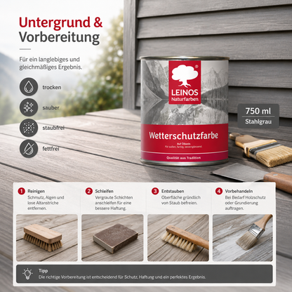 LEINOS Wetterschutzfarbe 750 ml | Stahlgrau Holzlasur für Holzfassaden Fenster Gartenhäuser| wetterbeständige Deckfarbe für effektive Versiegelung und langanhaltenden Schutz auf Ölbasis im Außenbereich