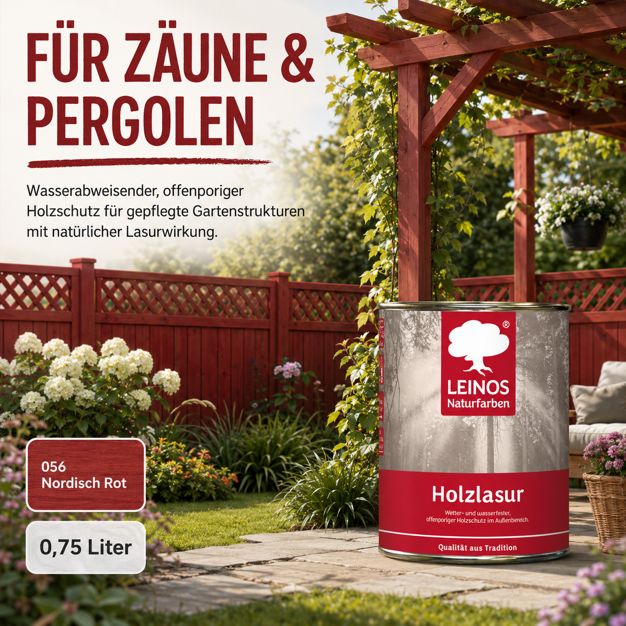 Wetterfeste Holzlasur für Außen 056 Nordisch Rot 0,75 Liter - offenporiger Holzschutz mit Filmschutz gegen Pilzbefall - für Fenster, Türen, Zäune & Pergolen - wasserabweisend, lasierend
