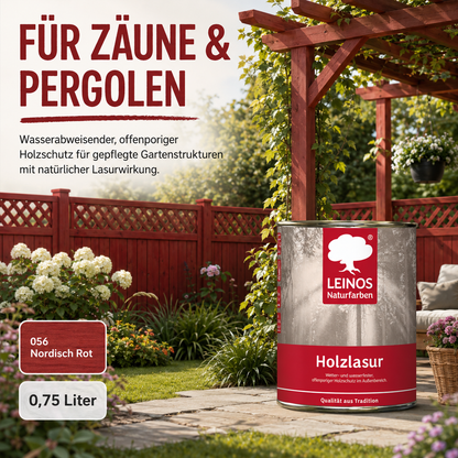Wetterfeste Holzlasur für Außen 056 Nordisch Rot 0,75 Liter - offenporiger Holzschutz mit Filmschutz gegen Pilzbefall - für Fenster, Türen, Zäune & Pergolen - wasserabweisend, lasierend