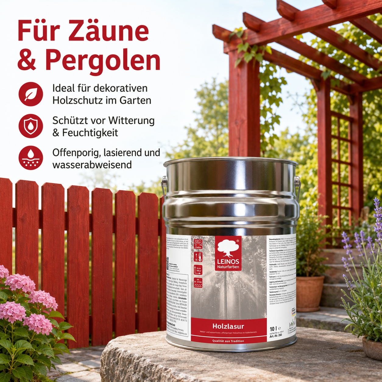 Wetterfeste Holzlasur für Außen 056 Nordisch Rot 10,00 Liter - offenporiger Holzschutz mit Filmschutz gegen Pilzbefall - für Fenster, Türen, Zäune & Pergolen - wasserabweisend, lasierend