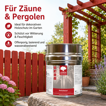 Wetterfeste Holzlasur für Außen 056 Nordisch Rot 10,00 Liter - offenporiger Holzschutz mit Filmschutz gegen Pilzbefall - für Fenster, Türen, Zäune & Pergolen - wasserabweisend, lasierend