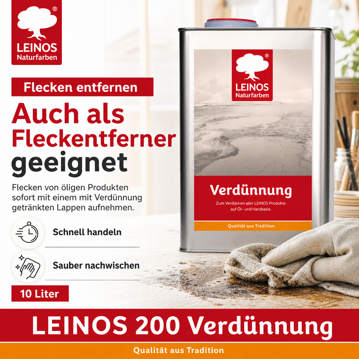 LEINOS 200 Verdünnung 10 Liter | Zum Verdünnen aller öligen Produkte sowie zur Reinigung der Arbeitsgeräte. Auch als Fleckentferner geeignet.