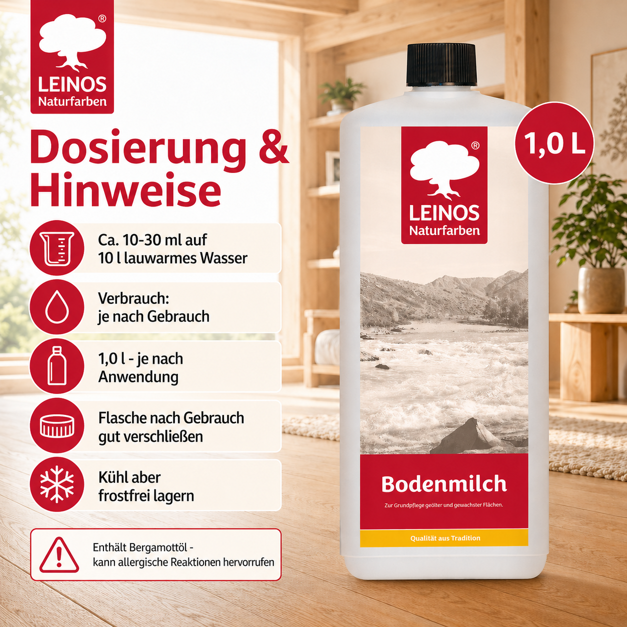 LEINOS 920 Bodenmilch 1 Liter | Pflegemittel für geölte, gewachste und lackierte Fußböden |  Holz, Kork und Linoleum | ergibt seidenglänzende Oberfläche