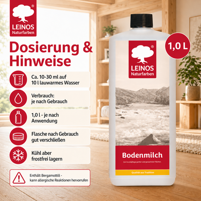 LEINOS 920 Bodenmilch 1 Liter | Pflegemittel für geölte, gewachste und lackierte Fußböden |  Holz, Kork und Linoleum | ergibt seidenglänzende Oberfläche
