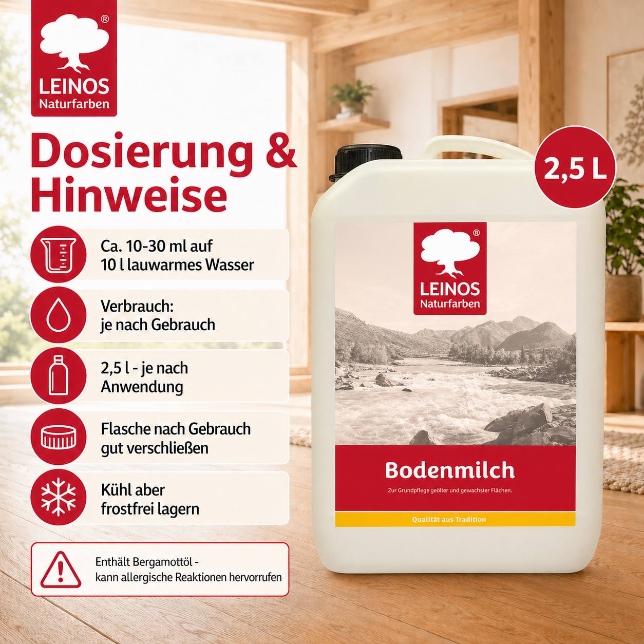 LEINOS 920 Bodenmilch 2,5 Liter | Pflegemittel für geölte, gewachste und lackierte Fußböden |  Holz, Kork und Linoleum | ergibt seidenglänzende Oberfläche