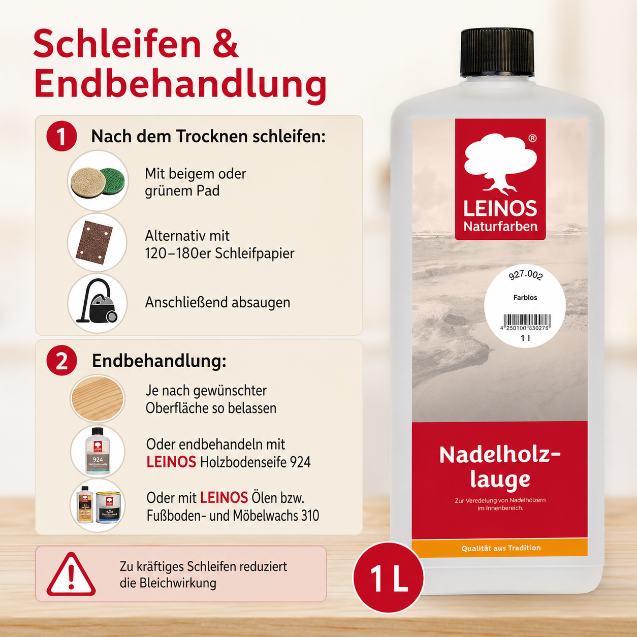 LEINOS 927 Nadelholzlauge 1,00 l Farblos | Zur Veredelung von Nadelhölzern im Innenbereich |  für Fußböden, Wände, Decken, Türen, Möbel