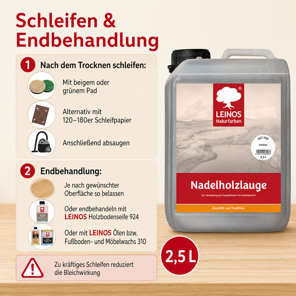 LEINOS 927 Nadelholzlauge 2,5 l Farblos | Zur Veredelung von Nadelhölzern im Innenbereich |  für Fußböden, Wände, Decken, Türen, Möbel