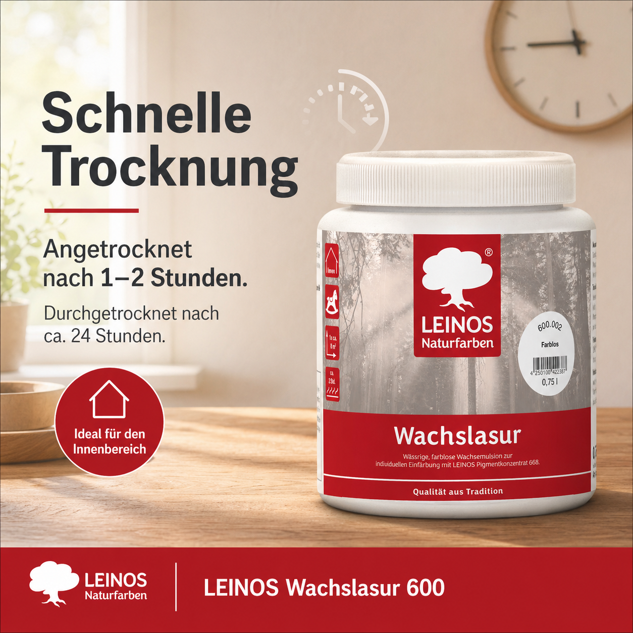 Leinos 600 Wachslasur für Innen 002 Farblos 0,75 l – wässrige Holzlasur für Möbel, Holzdecken, Wandverkleidungen und Kinderspielzeug im Innenbereich, farblos, pigmentierbar, leicht aufzutragen