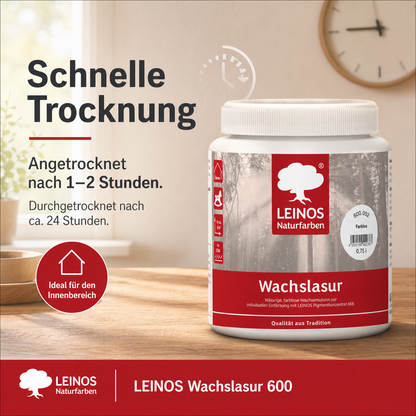Leinos 600 Wachslasur für Innen 002 Farblos 0,75 l – wässrige Holzlasur für Möbel, Holzdecken, Wandverkleidungen und Kinderspielzeug im Innenbereich, farblos, pigmentierbar, leicht aufzutragen