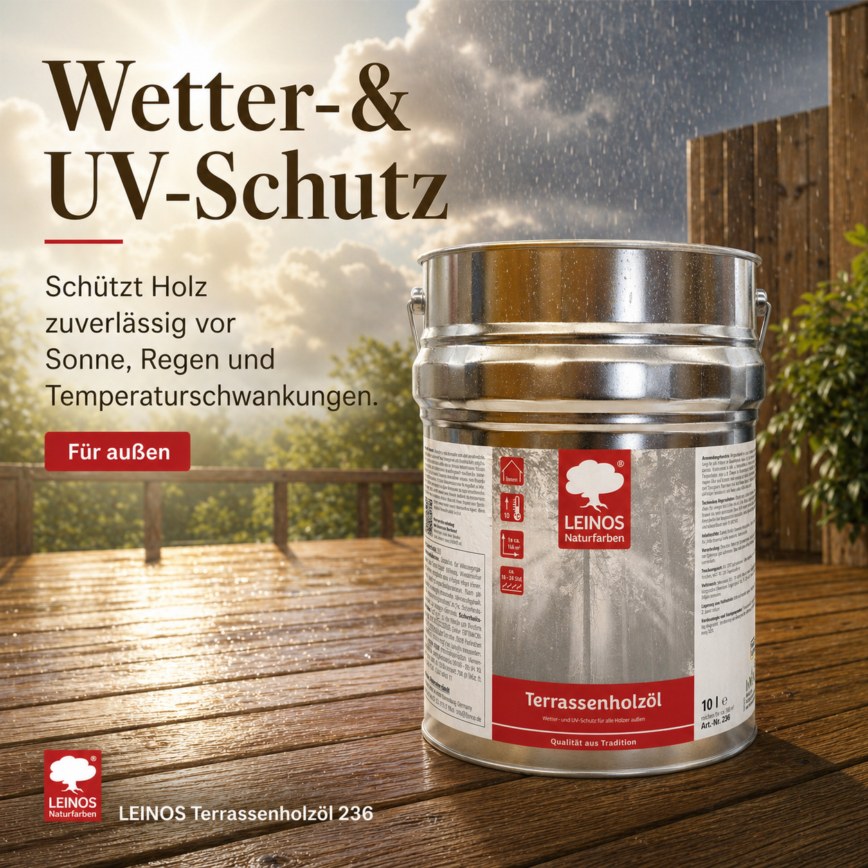 LEINOS Terrassenholzöl 236 | 10,00 Liter | Hochwertiges Holzöl für außen | Für Terrassen, Zäune, Kinderspielgeräte | Farbton: farblos | Tiefer Holzschutz & leichte Anwendung