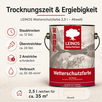 LEINOS Wetterschutzfarbe 2,5 l | Altweiß Holzlasur für Holzfassaden Fenster Gartenhäuser| wetterbeständige Deckfarbe für effektive Versiegelung und langanhaltenden Schutz auf Ölbasis im Außenbereich