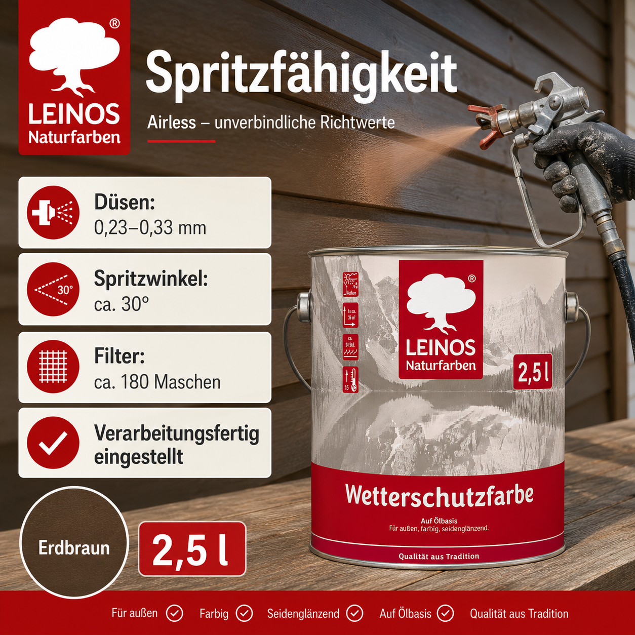 LEINOS Wetterschutzfarbe 2,5 l | Erdbraun Holzlasur für Holzfassaden Fenster Gartenhäuser| wetterbeständige Deckfarbe für effektive Versiegelung und langanhaltenden Schutz auf Ölbasis im Außenbereich