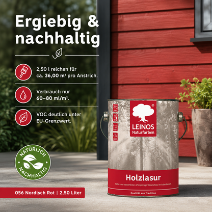 Wetterfeste Holzlasur für Außen 056 Nordisch Rot 2,50 Liter - offenporiger Holzschutz mit Filmschutz gegen Pilzbefall - für Fenster, Türen, Zäune & Pergolen - wasserabweisend, lasierend