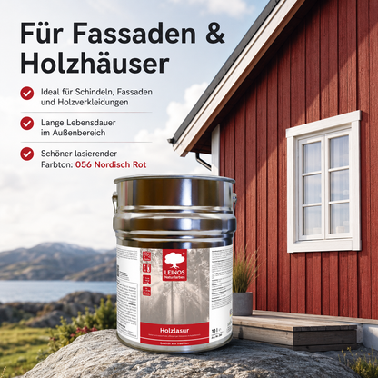 Wetterfeste Holzlasur für Außen 056 Nordisch Rot 10,00 Liter - offenporiger Holzschutz mit Filmschutz gegen Pilzbefall - für Fenster, Türen, Zäune & Pergolen - wasserabweisend, lasierend