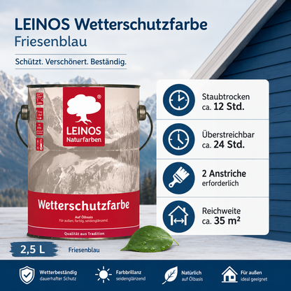 LEINOS Wetterschutzfarbe 2,5 l | Friesenblau Holzlasur für Holzfassaden Fenster Gartenhäuser| wetterbeständige Deckfarbe für effektive Versiegelung und langanhaltenden Schutz auf Ölbasis im Außenbereich
