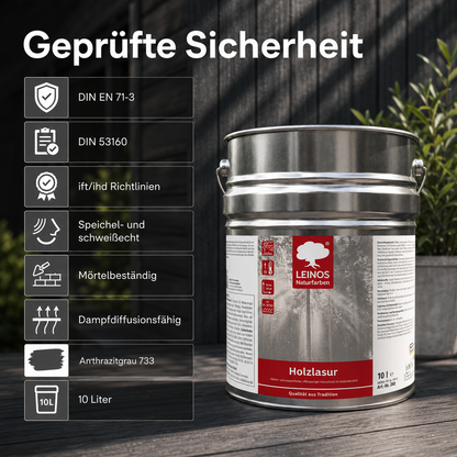 Wetterfeste Holzlasur für Außen 733 Anthrazitgrau 10,00 Liter - offenporiger Holzschutz mit Filmschutz gegen Pilzbefall - für Fenster, Türen, Zäune & Pergolen - wasserabweisend, lasierend
