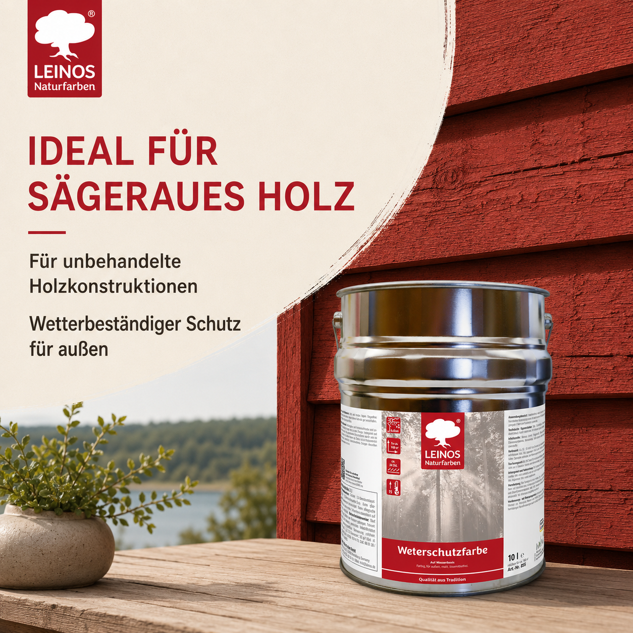 LEINOS Wetterschutzfarbe auf Wasserbasis 855 –10,0 l Schweden-Rot- Lösemittelfreier, matter Anstrich für unbehandelte Holzkonstruktionen im Außenbereich, ideal für sägeraues Holz