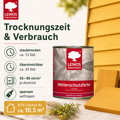 LEINOS Wetterschutzfarbe 750 ml | Maisgelb Holzlasur für Holzfassaden Fenster Gartenhäuser| wetterbeständige Deckfarbe für effektive Versiegelung und langanhaltenden Schutz auf Ölbasis im Außenbereich