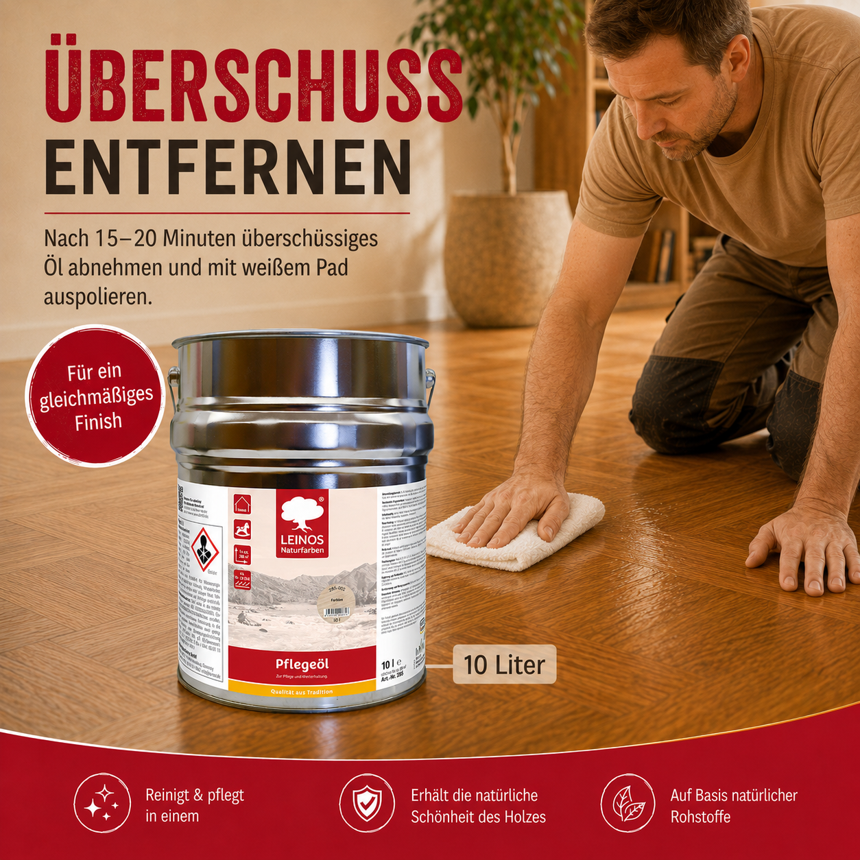 LEINOS 285 Pflegeöl 002 farblos  10 Liter | Zur Behandlung aller geölten und gewachsten Flächen wie Holz, Kork und Linoleum im Innenbereich |