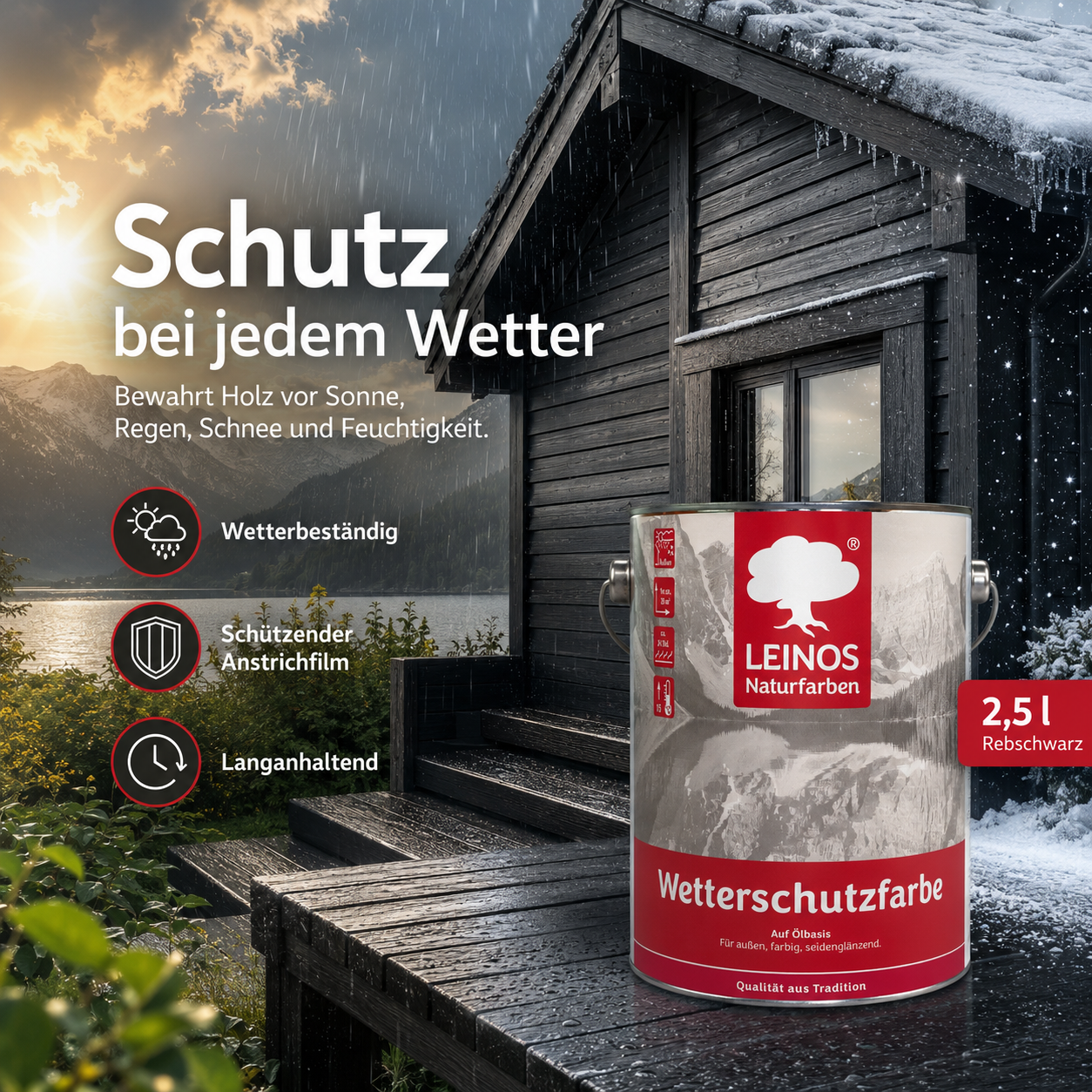 LEINOS Wetterschutzfarbe 2,5 l | Rebschwarz Holzlasur für Holzfassaden Fenster Gartenhäuser| wetterbeständige Deckfarbe für effektive Versiegelung und langanhaltenden Schutz auf Ölbasis im Außenbereich