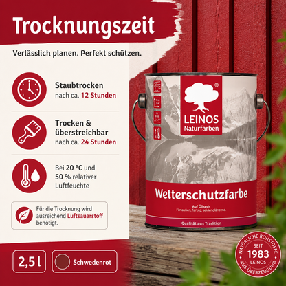 LEINOS Wetterschutzfarbe 2,5 l | Schwedenrot Holzlasur für Holzfassaden Fenster Gartenhäuser| wetterbeständige Deckfarbe für effektive Versiegelung und langanhaltenden Schutz auf Ölbasis im Außenbereich