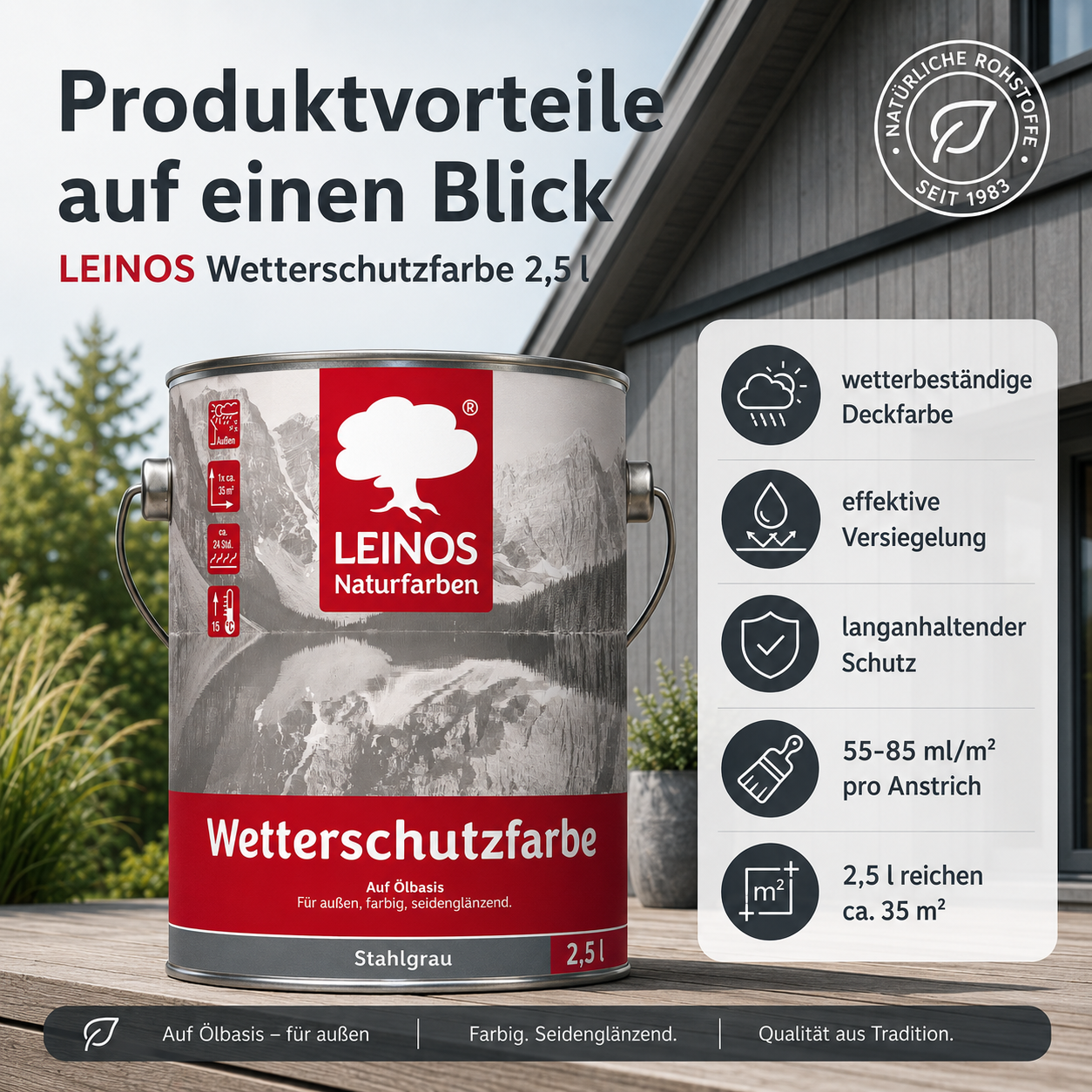 LEINOS Wetterschutzfarbe 2,5 l | Stahlgrau Holzlasur für Holzfassaden Fenster Gartenhäuser| wetterbeständige Deckfarbe für effektive Versiegelung und langanhaltenden Schutz auf Ölbasis im Außenbereich