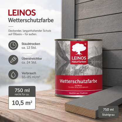 LEINOS Wetterschutzfarbe 750 ml | Stahlgrau Holzlasur für Holzfassaden Fenster Gartenhäuser| wetterbeständige Deckfarbe für effektive Versiegelung und langanhaltenden Schutz auf Ölbasis im Außenbereich