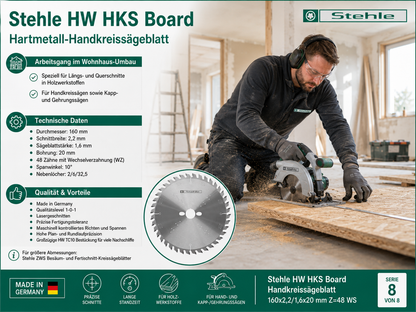 Stehle HW HKS Board Handkreissägeblatt 160x2,2x20mm Z=48 WS | Wechselverzahnung ist speziell für Längs- und Querschnitte | Großzügige HW TC10 Bestückung für viele Nachschliffe