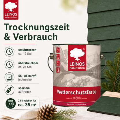 LEINOS Wetterschutzfarbe 2,5 l | Tannengrün Holzlasur für Holzfassaden Fenster Gartenhäuser| wetterbeständige Deckfarbe für effektive Versiegelung und langanhaltenden Schutz auf Ölbasis im Außenbereich