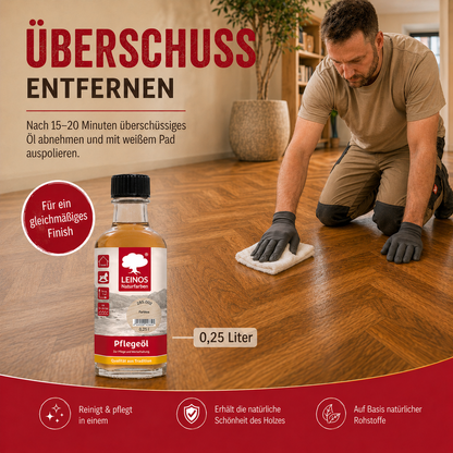 LEINOS Pflegeöl 285 | 0,25 L farblos (002) | Für alle geölten & gewachsten Holz-, Kork- & Linoleumflächen | Schutz gegen Laufstraßen | Seidenmatt & wasserabweisend | Innenbereich