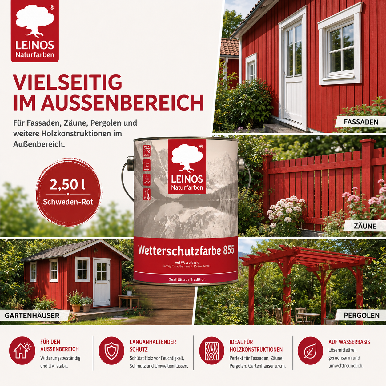 LEINOS Wetterschutzfarbe auf Wasserbasis 855 –2,5 l Schweden-Rot- Lösemittelfreier, matter Anstrich für unbehandelte Holzkonstruktionen im Außenbereich, ideal für sägeraues Holz