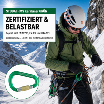 HMS Karabiner | Stubai Karabiner mit Schraubverschluss, Schraubkarabiner zum Klettern, Kletter-Karabinerhaken, Sicherungskarabiner zum Bergsteigen, Grün