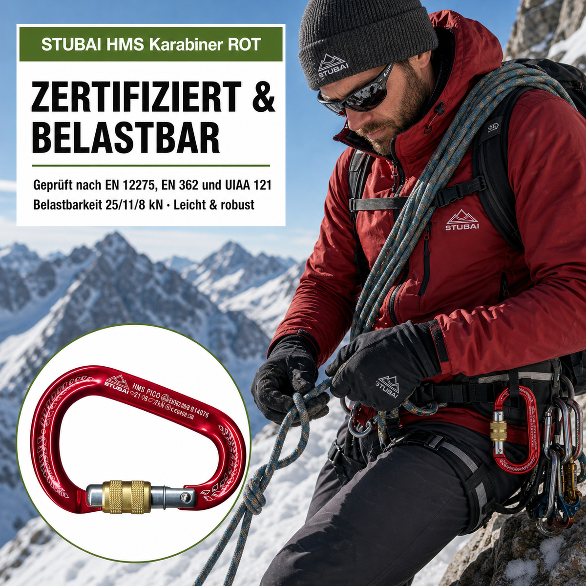 STUBAI HMS Karabiner Pico rot – Easylock, 80 g