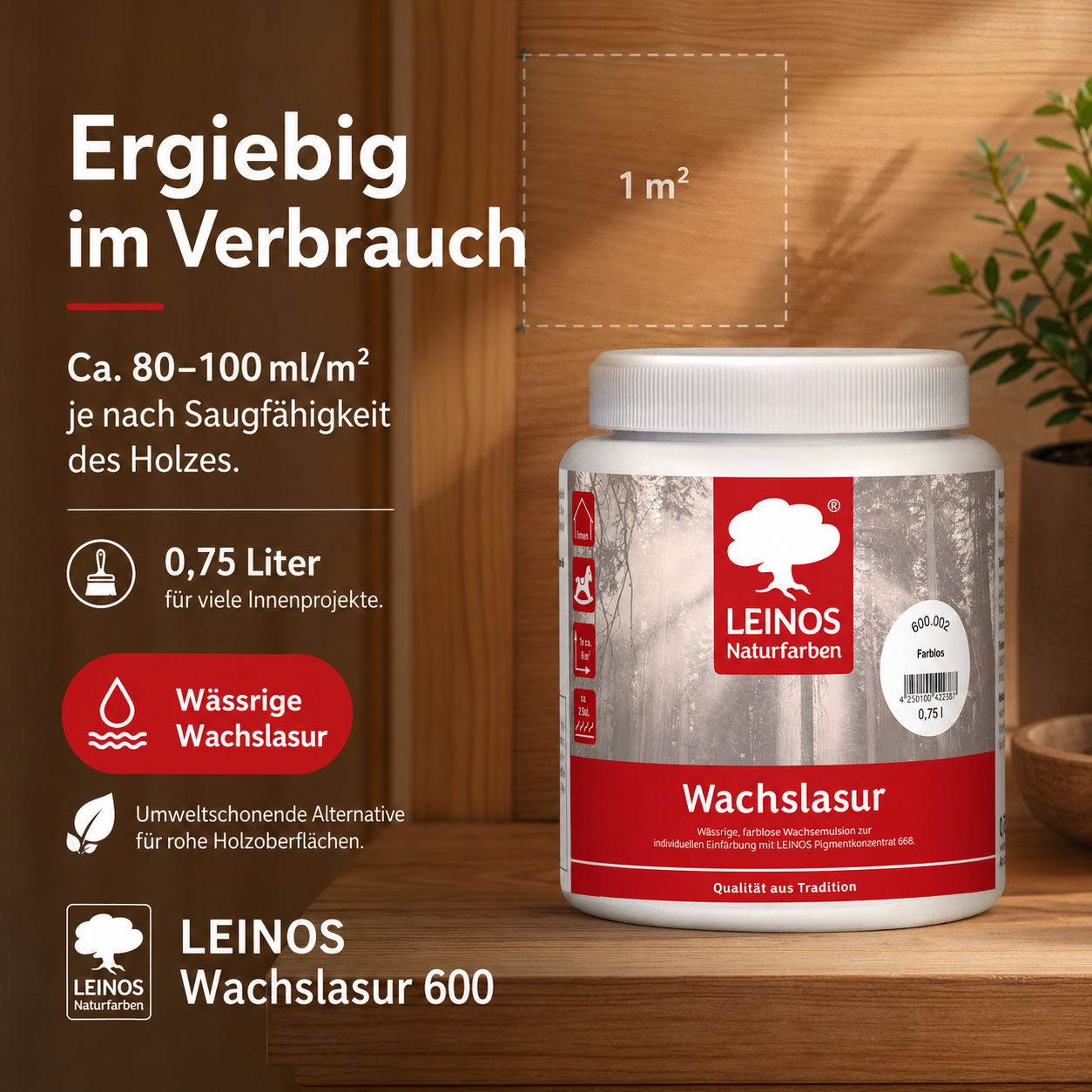 Leinos 600 Wachslasur für Innen 002 Farblos 0,75 l – wässrige Holzlasur für Möbel, Holzdecken, Wandverkleidungen und Kinderspielzeug im Innenbereich, farblos, pigmentierbar, leicht aufzutragen