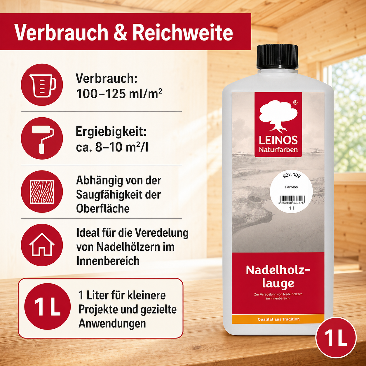 LEINOS 927 Nadelholzlauge 1,00 l Farblos | Zur Veredelung von Nadelhölzern im Innenbereich |  für Fußböden, Wände, Decken, Türen, Möbel