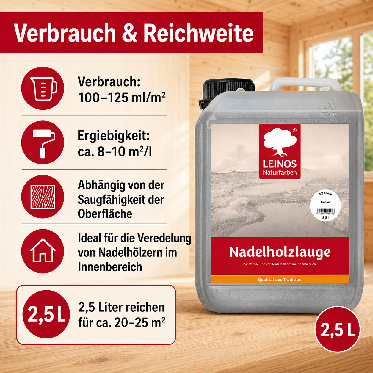 LEINOS 927 Nadelholzlauge 2,5 l Farblos | Zur Veredelung von Nadelhölzern im Innenbereich |  für Fußböden, Wände, Decken, Türen, Möbel