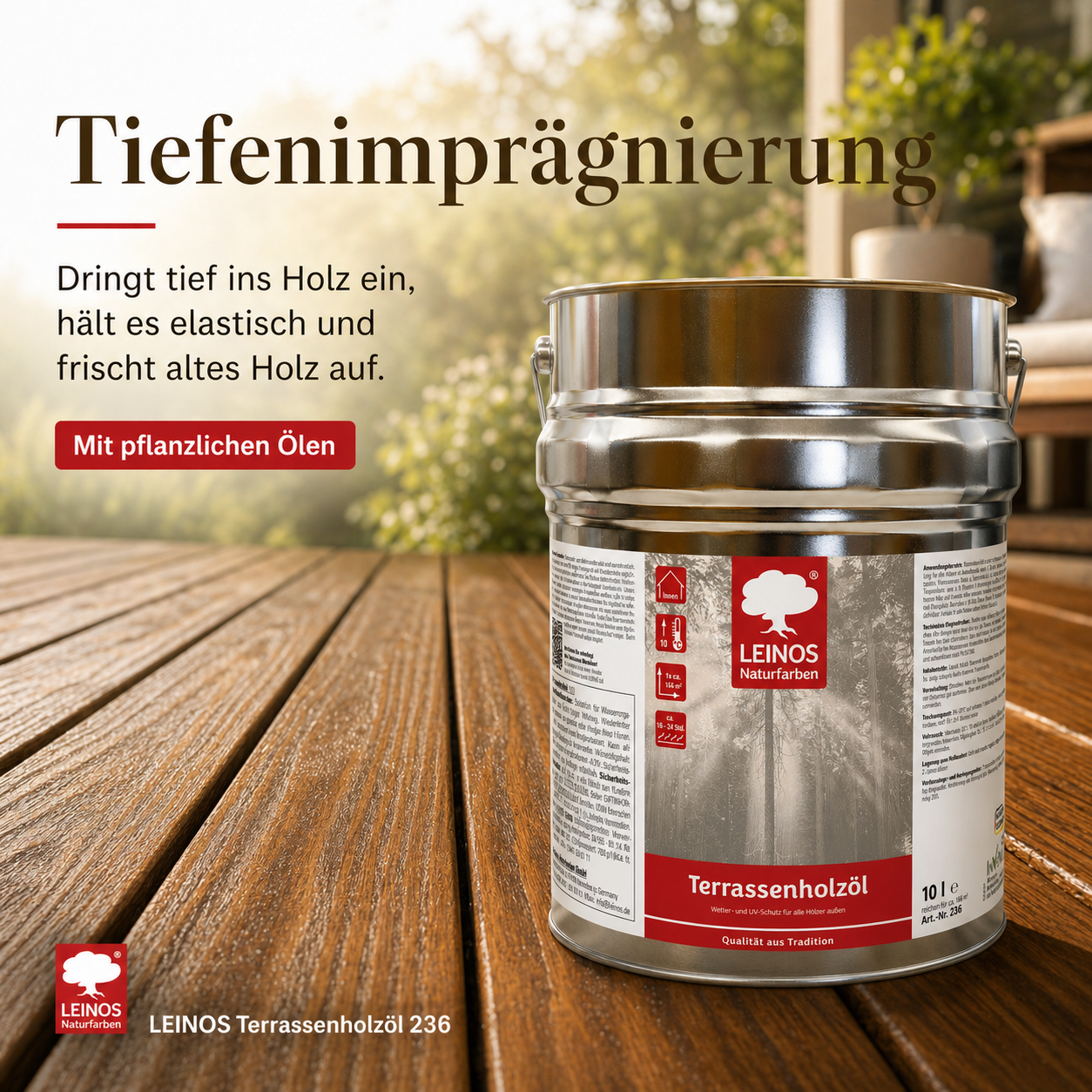 LEINOS Terrassenholzöl 236 | 10,00 Liter | Hochwertiges Holzöl für außen | Für Terrassen, Zäune, Kinderspielgeräte | Farbton: farblos | Tiefer Holzschutz & leichte Anwendung