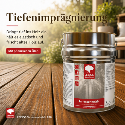 LEINOS Terrassenholzöl 236 | 10,00 Liter | Hochwertiges Holzöl für außen | Für Terrassen, Zäune, Kinderspielgeräte | Farbton: farblos | Tiefer Holzschutz & leichte Anwendung
