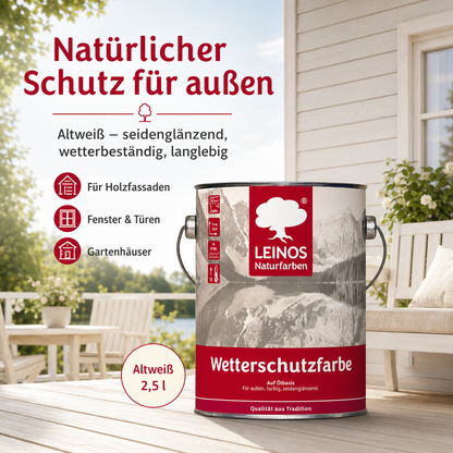 LEINOS Wetterschutzfarbe 2,5 l | Altweiß Holzlasur für Holzfassaden Fenster Gartenhäuser| wetterbeständige Deckfarbe für effektive Versiegelung und langanhaltenden Schutz auf Ölbasis im Außenbereich
