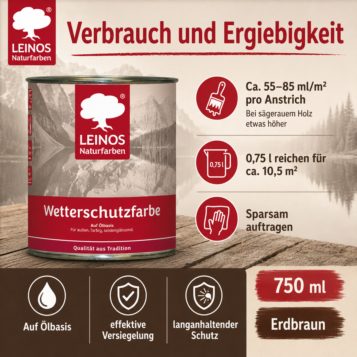 LEINOS Wetterschutzfarbe 750 ml | Erdbraun Holzlasur für Holzfassaden Fenster Gartenhäuser| wetterbeständige Deckfarbe für effektive Versiegelung und langanhaltenden Schutz auf Ölbasis im Außenbereich