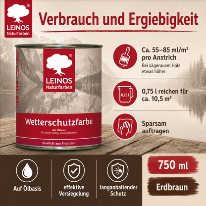 LEINOS Wetterschutzfarbe 750 ml | Erdbraun Holzlasur für Holzfassaden Fenster Gartenhäuser| wetterbeständige Deckfarbe für effektive Versiegelung und langanhaltenden Schutz auf Ölbasis im Außenbereich