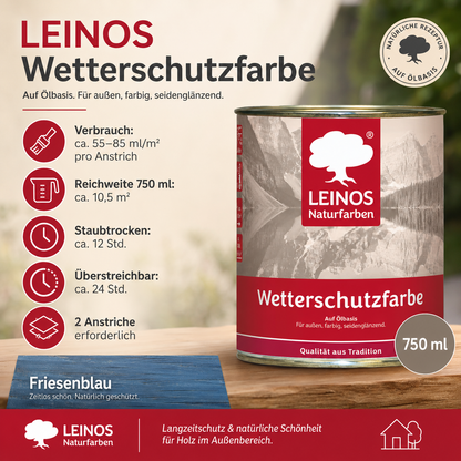 LEINOS Wetterschutzfarbe 750 ml | Friesenblau Holzlasur für Holzfassaden Fenster Gartenhäuser| wetterbeständige Deckfarbe für effektive Versiegelung und langanhaltenden Schutz auf Ölbasis im Außenbereich